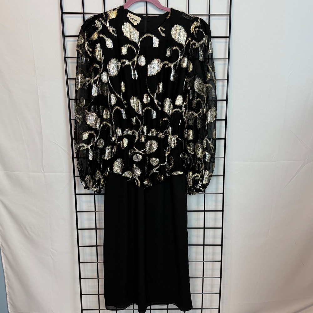 Vintage PATRA Dress Womens 8 Black Gold‎ 80s Metallic Peplum Sheer Secretary